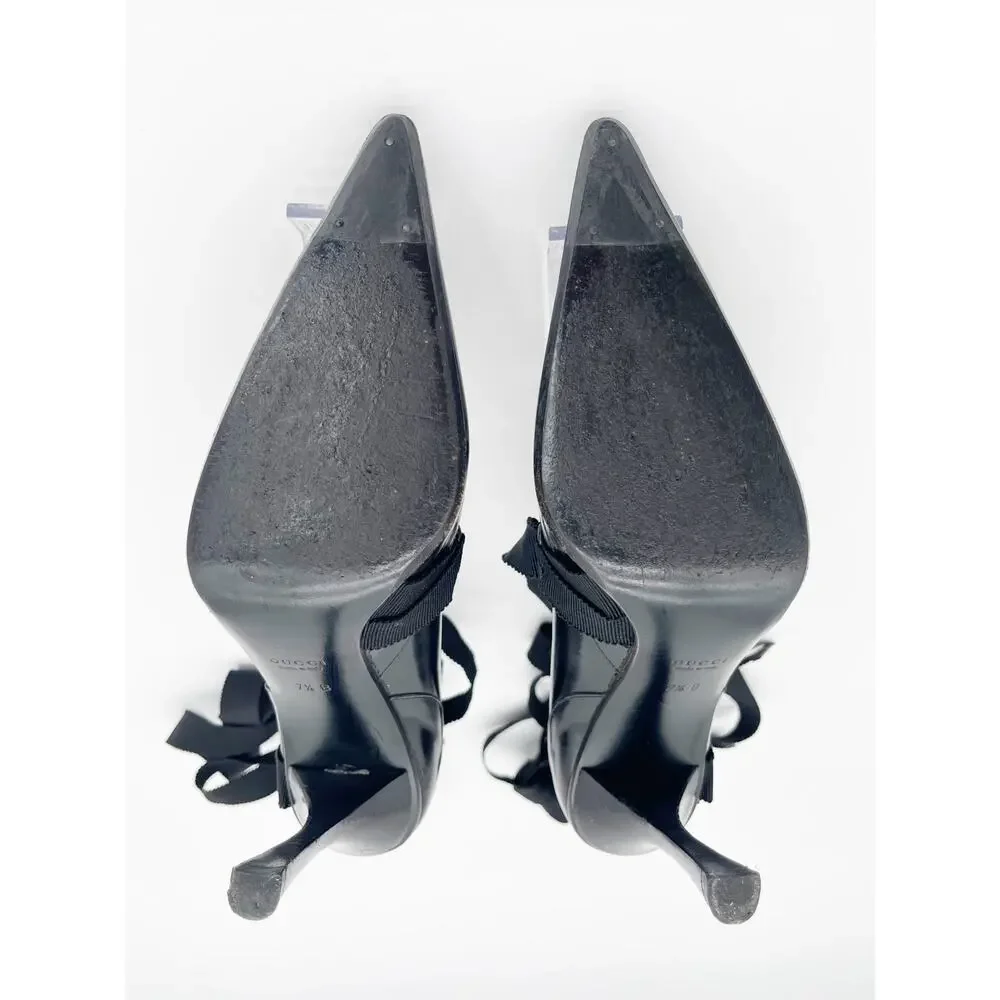 Gucci Vintage Fall 2002 Runway Black Grosgrain Lace Up Pointed Toe Heels US 7.5